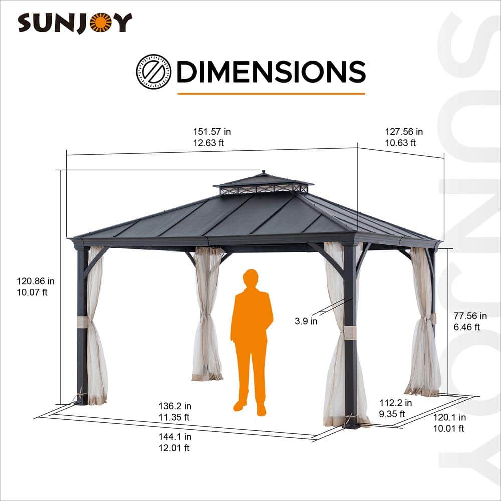 Sunjoy Black Metal 11x13 ft Hardtop Gazebo with Mesh Netting