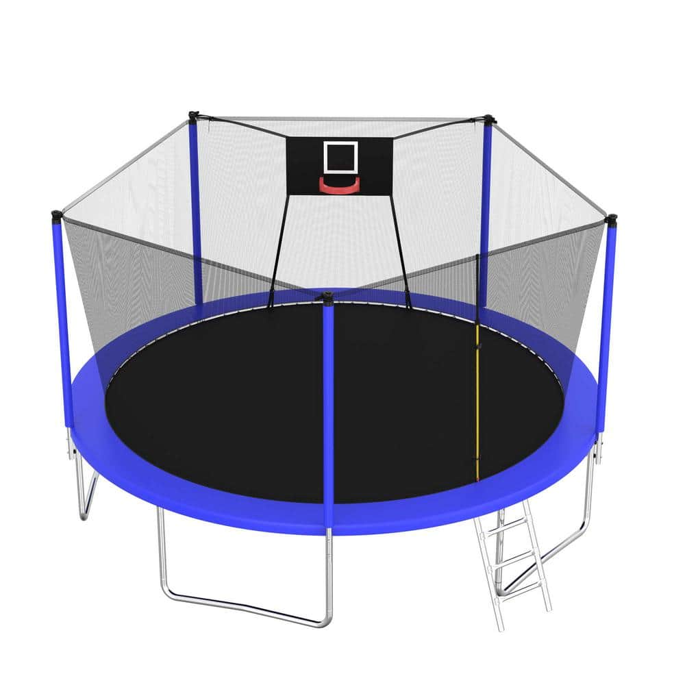 14 ft Blue Round Outdoor Trampoline with Enclosure Net and Ladder