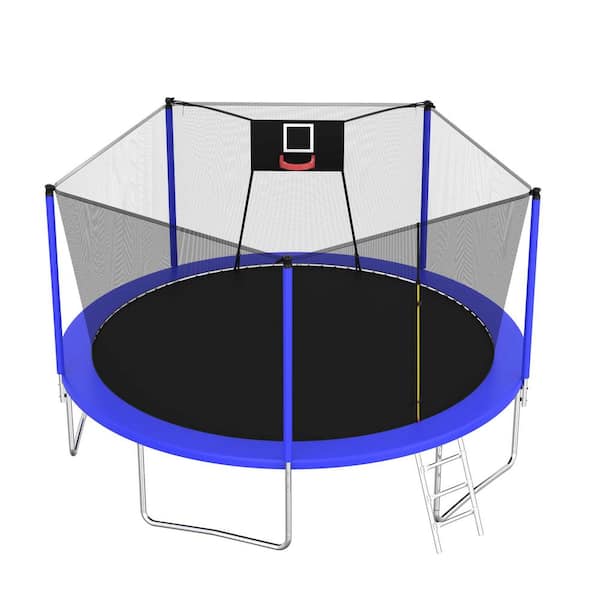 Unbranded 14 ft. Outdoor Recreational Trampoline with Basketball Hoop Enclosure Net and Ladder for Kids and Adults, Blue