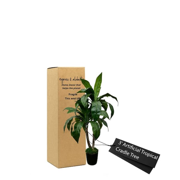 CYPRESS & ALABASTER Handmade 3 ft. Artificial Tropical Cradle Tree in Home Basics Plastic Pot Made with Real Wood and Moss Accents