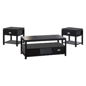 SignatureHome Black Finish Material Wood Balthus 3-Piece Coffee Table Set (2-End Tables 18 in.L)-(PCoffee Table 20 in.L)