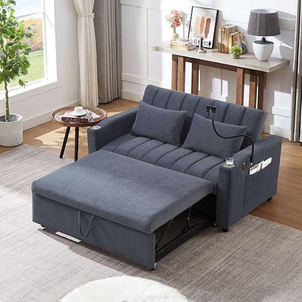 Qualler 55.9 in. Dark Blue Fabric 2 Seats Loveseats with 3 USB Ports, 2 Cup Holders and Phone Holder