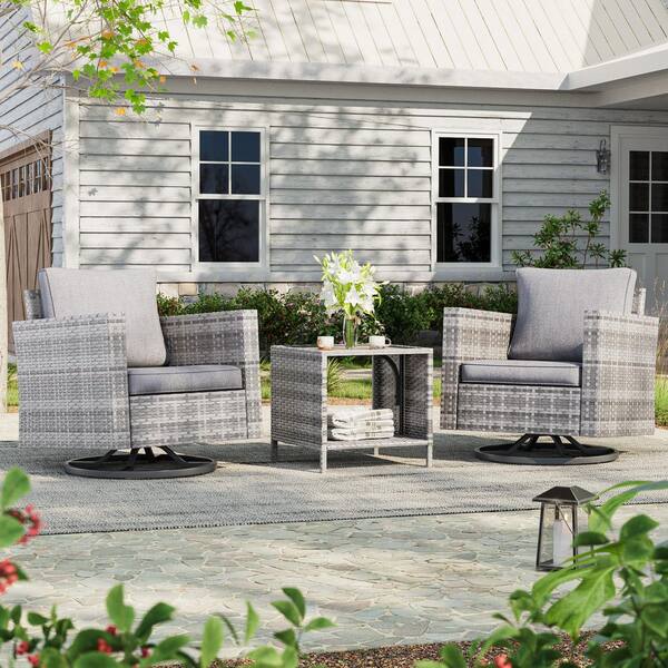 3-Piece Gray Wicker Outdoor Swivel Rocking Chairs Patio Bistro Set with Side Table Linen Grey Cushion