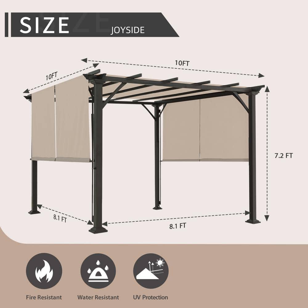 Beige 10x10 Metal Patio Pergola with Retractable Canopy