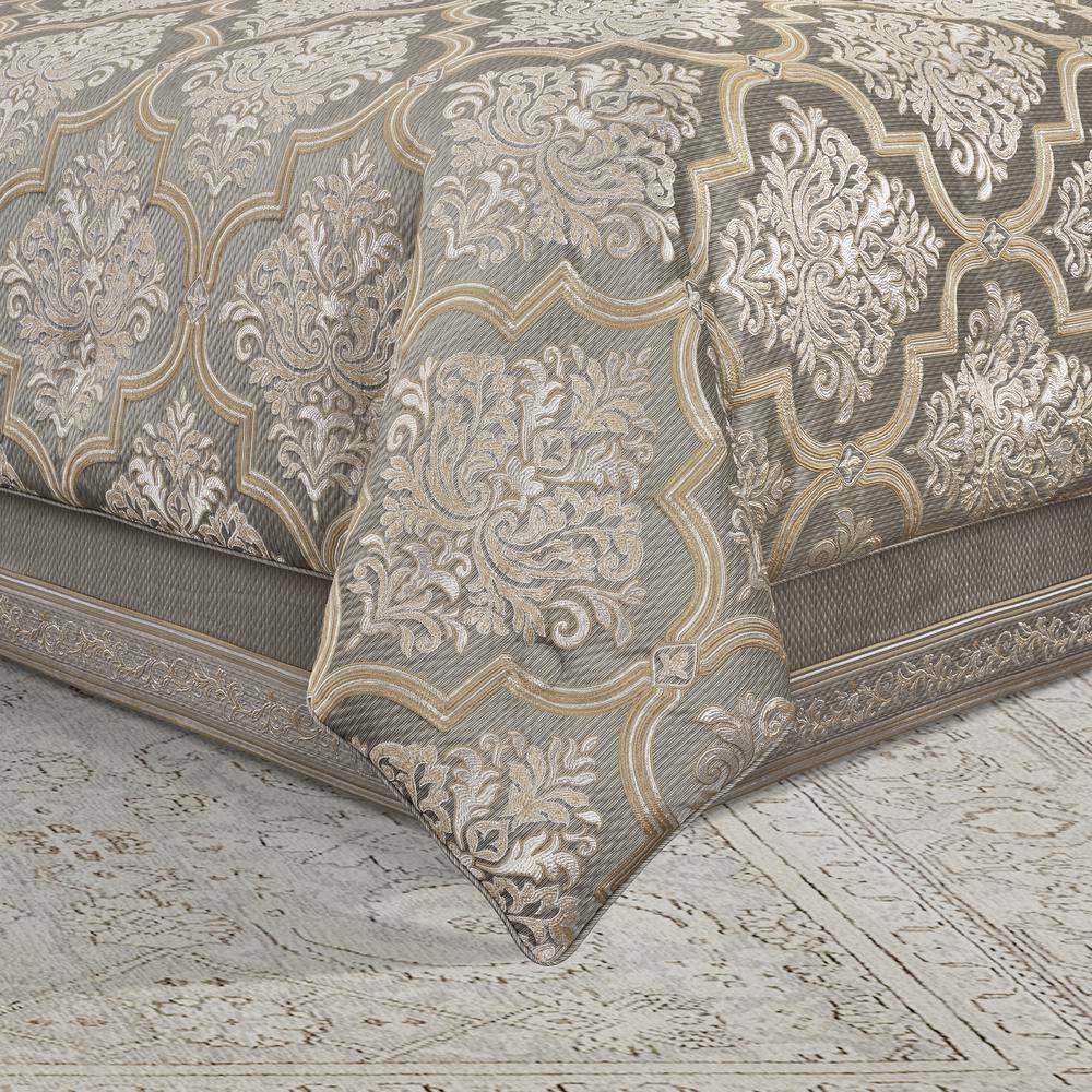 Ivory and Sage Queen Reversible Comforter Set with Damask Pattern