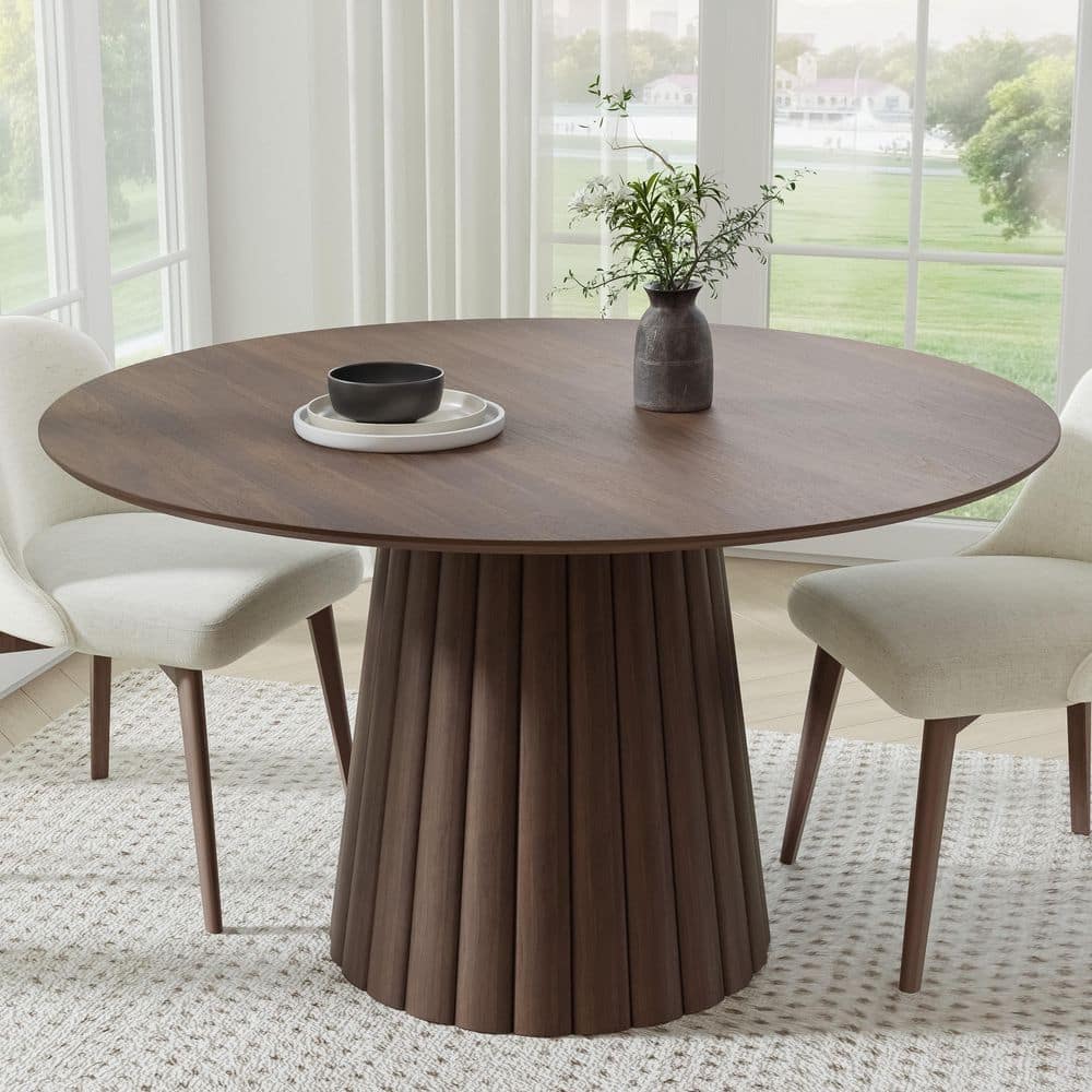 Cone Walnut Colored Wood 52" Column Base Wide Strip Under Beveled Cut Edge Dining Table for 6