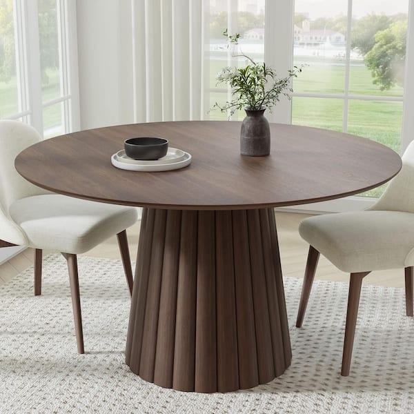 Cone Walnut Colored Wood 52" Column Base Wide Strip Under Beveled Cut Edge Dining Table for 6