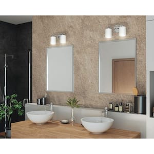 Replay Collection 13 in. 2-Light Polished Nickel Etched White Glass Modern Bathroom Vanity Light