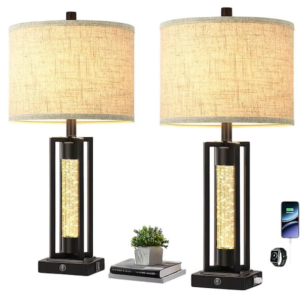 Set of 2 Farmhouse Table Lamps for Living Room with Crystal Night Light and 2 USB Ports