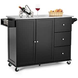 44.5 in. Black Stainless Steel Top Kitchen Island 2-Door Storage Cabinet with Drawers