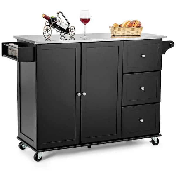 ANGELES HOME 44.5 in. Black Stainless Steel Top Kitchen Island 2-Door Storage Cabinet with Drawers