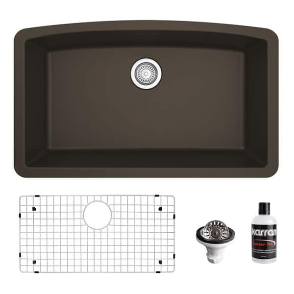 Karran QU-712 Quartz/Granite 32 in. Single Bowl Undermount Kitchen Sink in Brown with Bottom Grid and Strainer