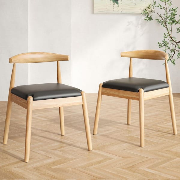 Modern Natural and Black Faux Leather Armless Dining Chair with Rubberwood Legs and Curved Backrest, Set of 2