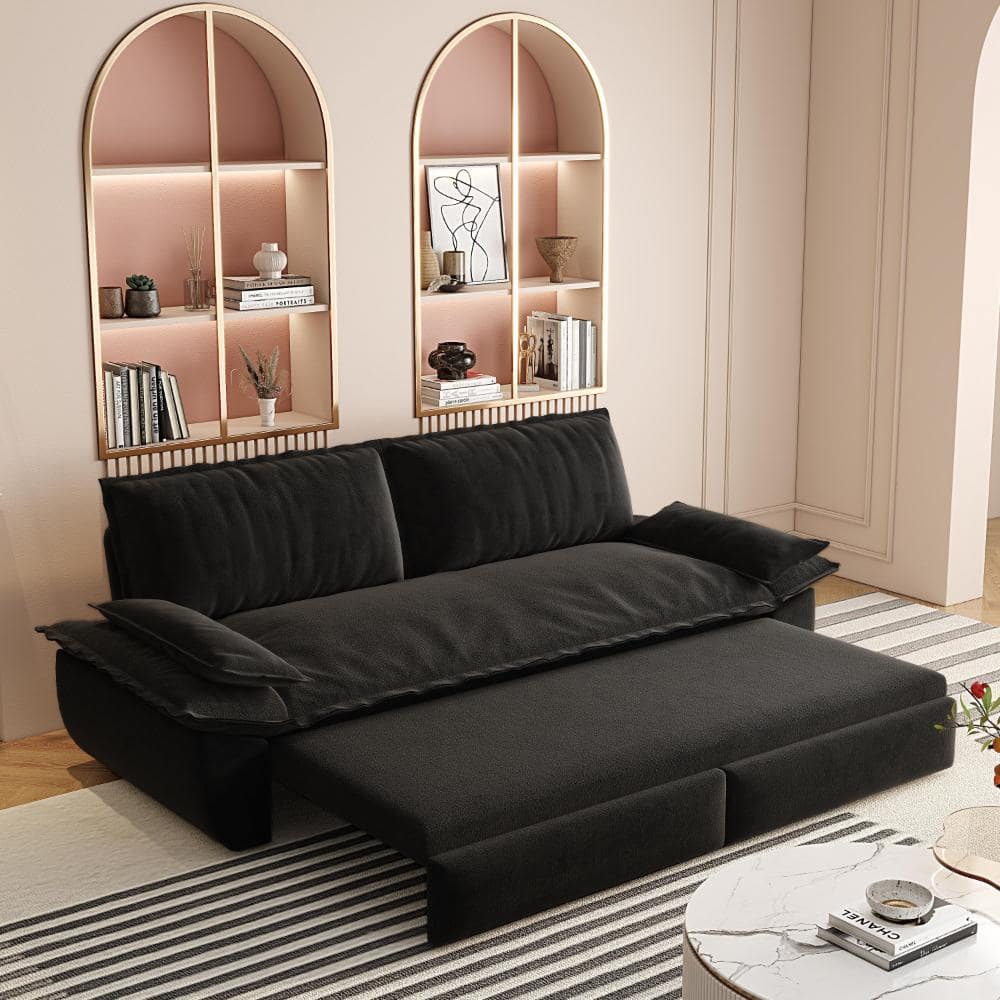 Black 73.2 in. Queen Velvet 3-in-1 Convertible Pull Out Sofa Bed