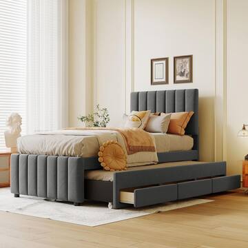 Harper & Bright Designs Gray Wood Frame Twin Size Linen Upholstered Platform Bed with Trundle, 3-Drawers and Height Adjustable Headboard NT047AAE