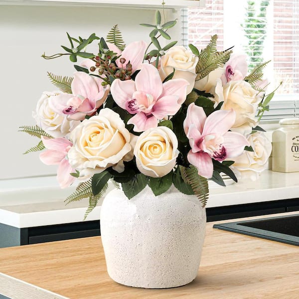 LIVING LUXURY 18 in. Ivory Pink Artificial Mixed Rose Cymbidium