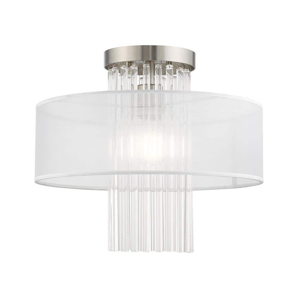 Ellyridge 15 in. 1-Light Brushed Nickel Semi Flush Mount with Translucent Fabric Shand and Clear Crystal Rods price history on PriceWatchPro