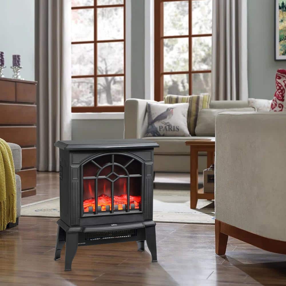 18" Black Electric Freestanding Fireplace Heater with Realistic Flame