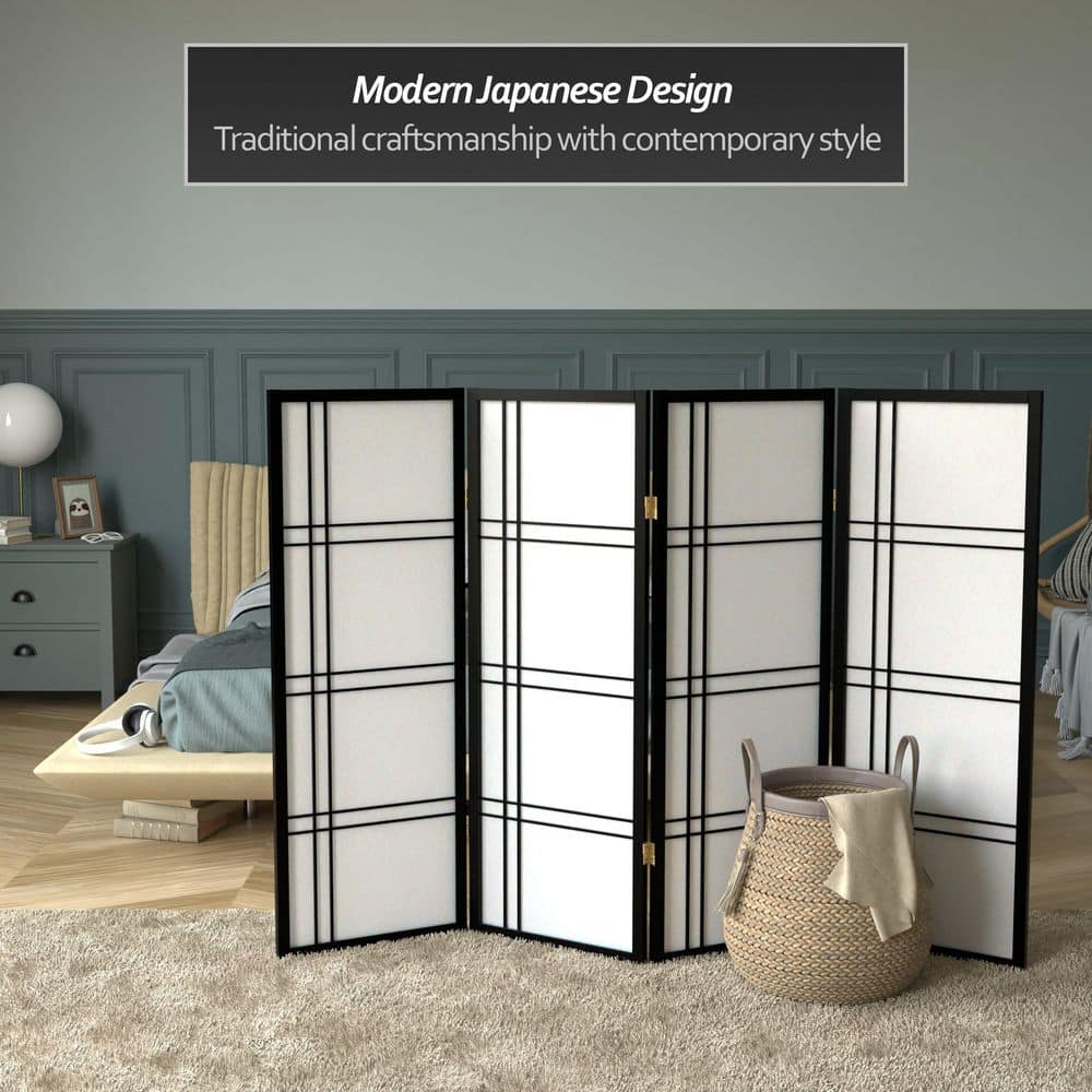 4-Panel Black Shoji Screen with Double Cross Design