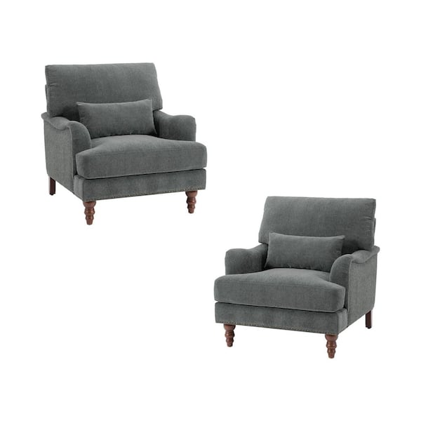 Uixe Pinstripe Blue Flared Arm Linen Arm Chair with Wood Legs (Set