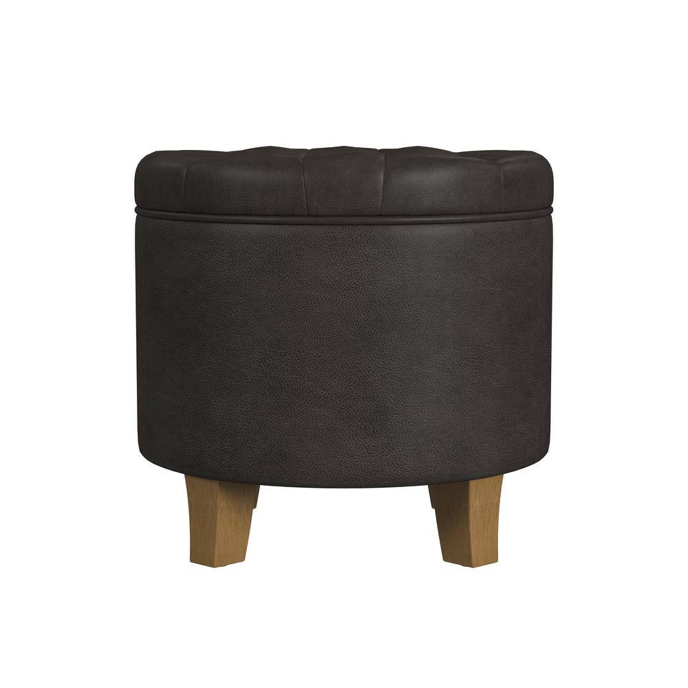 Black Faux Leather Round Ottoman with Storage