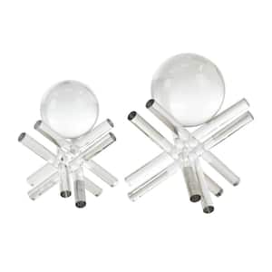 Clear Crystal Jack Inspired Abstract Sculpture with Clear Resting Orbs (Set of 2)
