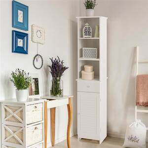 13.5 in. W x 12 in. D x 64.5 in. H White MDF Freestanding Linen Cabinet with Open Shelves & Drawer