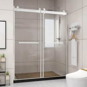60 in. W x 76 in. H Freestanding Double Sliding Frameless Enclosure Alcove Shower Doors in Brushed Nickel Finish