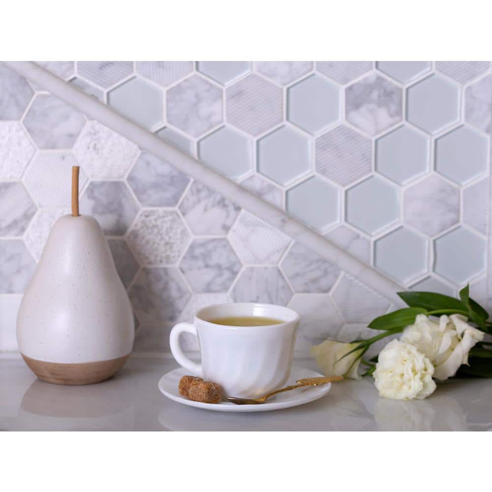 Gray Hexagon Glass and Marble Mosaic Tile for Walls and Floors