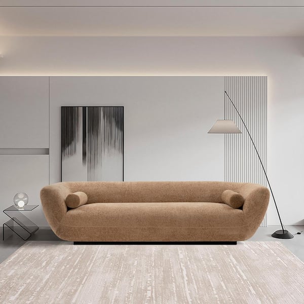 Manhattan Comfort Ulka 96.46 in. Contemporary Round Arm Boucle Fabric Upholstered Rectangle Sofa in. Light Brown with Pillows