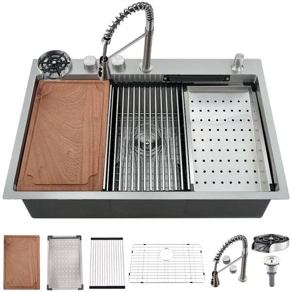 33 in. Drop-In Single Bowl 16-Gauge Stainless Steel Workstation Sink with Dual-Mode Waterfall Faucet