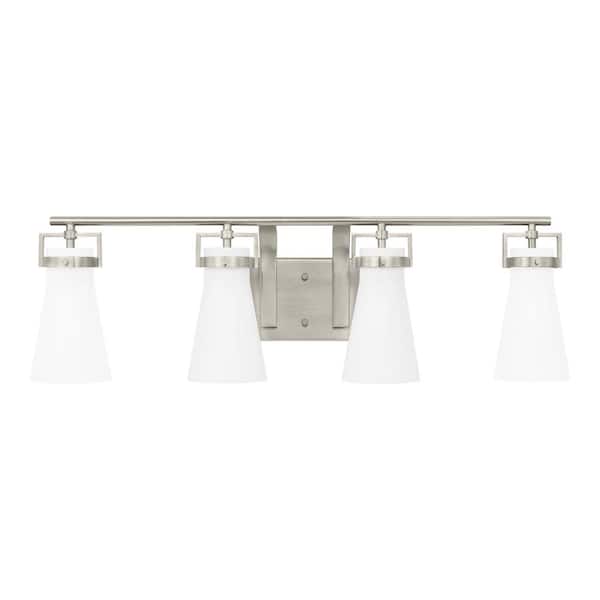 Home Decorators Collection Clermont 30.75 in. 4-Light Brushed Nickel Bathroom Vanity Light with Milk Glass Shades