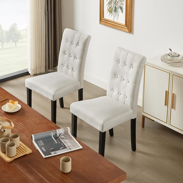 Upholstered Dining Chairs Set of 4 Biege Button Tufted Back, Padded Seat, Wood Legs with Rubber Footpads Kitchen Chairs