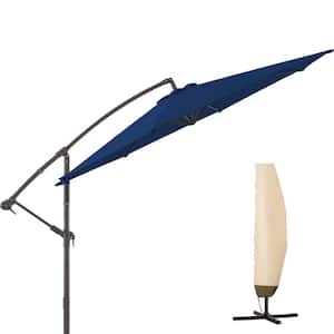 10 ft. Aluminum Patio Offset Umbrella Outdoor Cantilever Umbrella with Cover, Crank and Cross Bases in Navy Blue