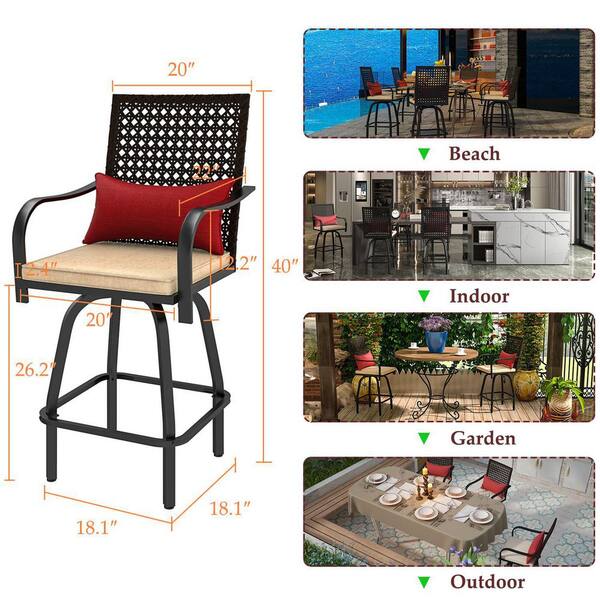 Nuu Garden 2 Piece Outdoor Metal Patio Swivel Stools Chairs with Red Cushion and Armrest, Bar Height, Black