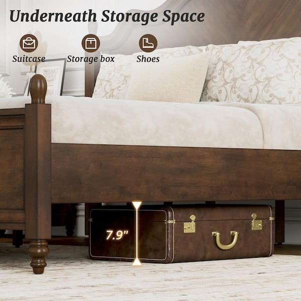 Aubel Dark Walnut Brown Mid-Century Solid Wood Frame King Size Platform Bed with Herringbone-Inspired Pattern Headboard