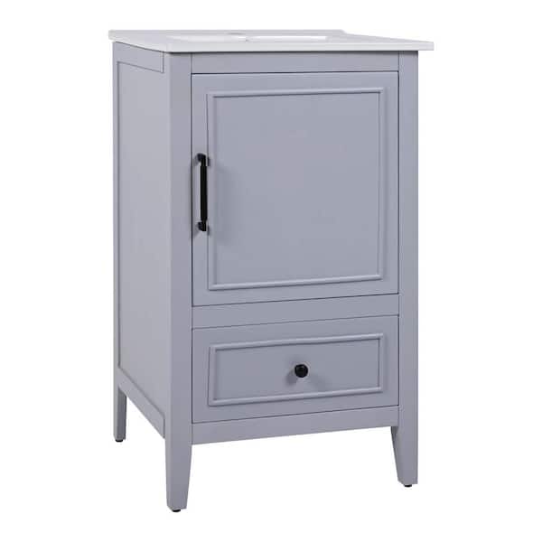20 in. W Freestanding Bath Vanity in Grey with White Ceramic Top, A Door, Door Shelf Storage and Adjustable Foot Pads