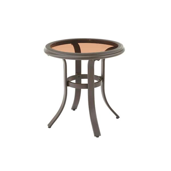 Hampton Bay Riverbrook Espresso Brown Round Glass Top Aluminum Outdoor Patio Side Table