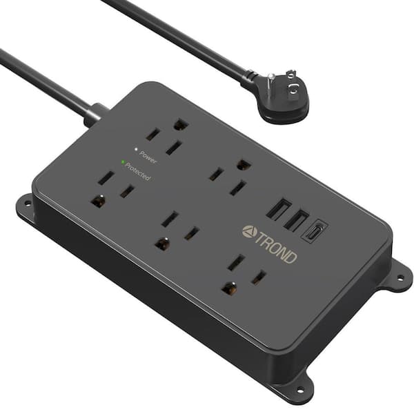 Etokfoks Heavy-Duty Mountable 5-Outlet Power Strip Surge Protector with 3 USB Ports and 5 ft. Extension Cord in Black