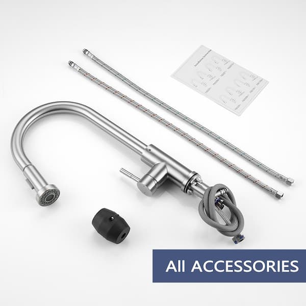 Satico 17 in. Single Handle Stainless Steel Gooseneck 360 ° Spout Swive Pull Down Sprayer Kitchen Faucet in Brushed Nickel