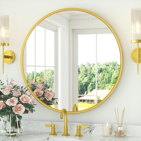 32 in. W x 32 in. H Round Metal Brass Gold Framed Modern Wall Mounted Bathroom Vanity Mirror Wall Mirror