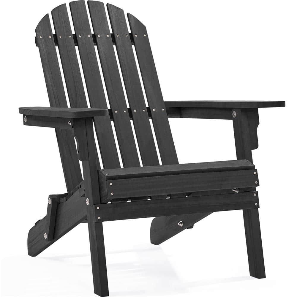 Black Solid Wood Folding Adirondack Chair with Arms
