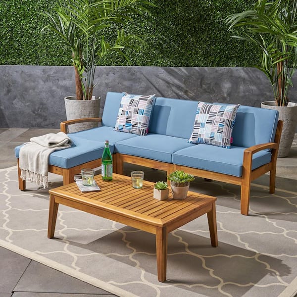 Runesay Brown 3-Piece Wood Outdoor Chaise Lounge with Blue Cushions