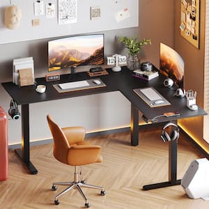 63 in. L-Shaped Black Carbon Fiber Wood Sit to Stand Desk with 3-Height Memory Presets and USB Port, 2 Headphone Hooks