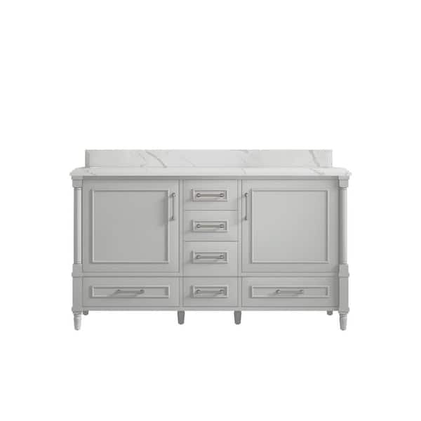 Willow Collections Hudson 60 in. W x 22 in. D x 36 in. H Double Sink Bath Vanity in Coventry Gray with Cove Edge Calacatta Quartz Top