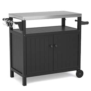 Black Outdoor Stainless Steel Tabletop 1 Door Grill Cart for BBQ, Patio Cabinet with Wheels, Hooks and Side Shelf