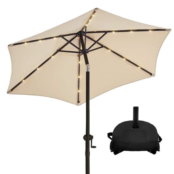 wikiwiki 7.5 ft. Solar LED Lighted Market Patio Umbrella with Base and Push Button Tilt in Beige