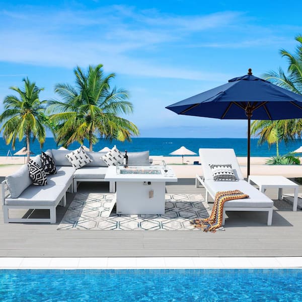 FINCATI Luxury White 8-Piece Aluminum Patio Frie Pit Deep Seating Sectional Set w/ Light Gray Cushions, Chaise Lounge and Table