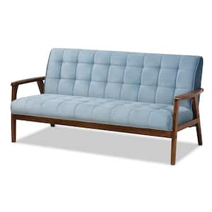 Asta 63.9 in. Light Blue/Walnut Polyester 3-Seater Cabriole Sofa with Square Arms