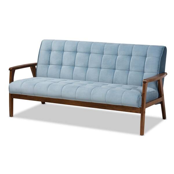 Baxton Studio Asta 63.9 in. Light Blue/Walnut Polyester 3-Seater Cabriole Sofa with Square Arms